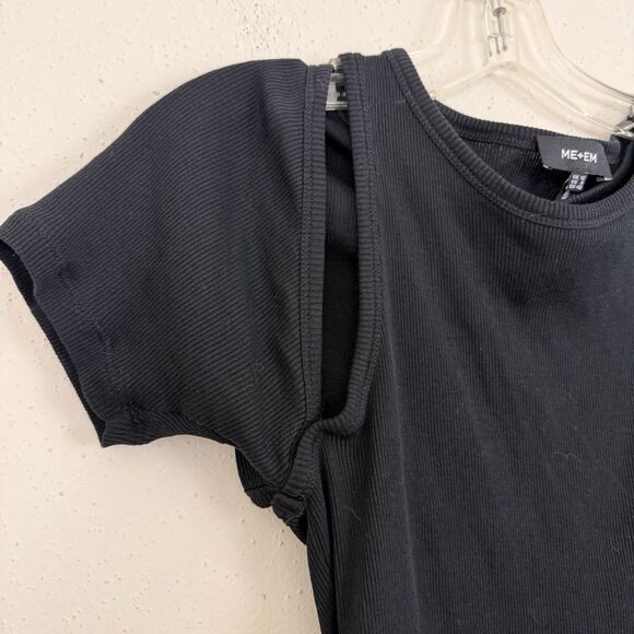 ME+EM Women's Sz 8 Black Ribbed Knit Split Shoulder Layered Casual Tee - Picture 4 of 7
